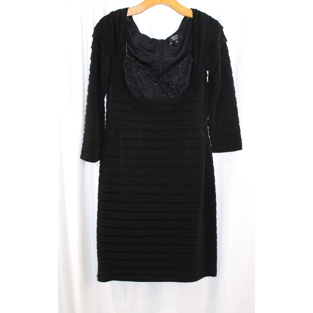 Tadashi Shoji Womens Black Embellished 3/4 Sleeve Illusion Striped Dress M